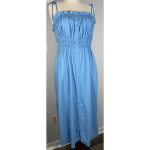 Blue Smocked Midi Dress Faux Button Front Linen Blend Boho Coastal Minimalist XL